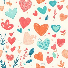 Colorful hearts and floral seamless patterns create a vibrant backdrop for arts and crafts activities, 图案