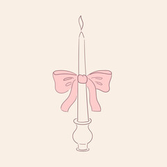Vintage candle holder in contemporary line art style. Hand drawn elegant candlestick with pink coquette bow. Ornate vector illustration for card, poster, print design