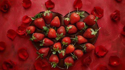 Chocolate-dipped strawberries arranged in a heart shape on a red background perfect for Valentine’s Day promotions or romantic dessert marketing.

