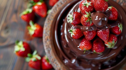 Chocolate-covered strawberries arranged in a cascading fountain perfect for luxurious dessert displays or event catering presentations.
