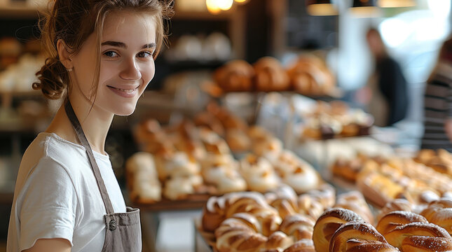 Bakery counter with aromatic buns and other flour products, behind the counter a nice smiling women when serving people.