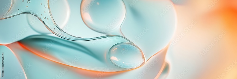 Poster abstract organic shapes with glowing water droplets in soft light. generative ai