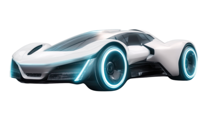 Futuristic Sports Car: Sleek, white electric concept car with glowing cyan rims, embodying innovation and speed. A symbol of tomorrow's automotive design. 