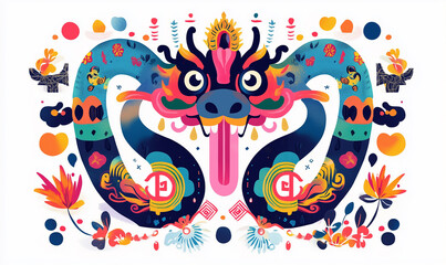 Green, pink and colourful dragon snake celebrating chinese new year 2025 with christmas lights and elements.