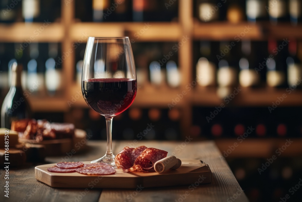 Aufkleber elegant wine cellar featuring vintage bottles and a tasting table with red wine and charcuterie boar