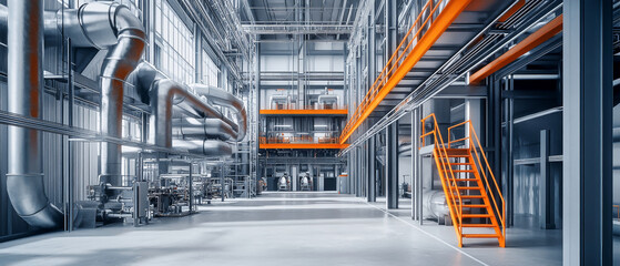 Fototapeta premium Industrial factory interior with orange safety features and complex machinery in a modern construction environment