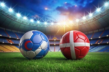 Fototapeta premium Faroe Islands vs Turkey Soccer Match: 3D Conceptual Football Image, Stadium Background, Flag Colors