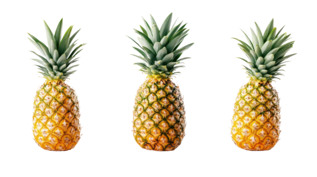 Pineapple Trio: A vibrant and refreshing image featuring three ripe pineapples, arranged in a row against a clean background. Perfect for adding a tropical touch to your designs. 
