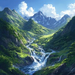 Obraz premium Serene mountain valley with cascading waterfalls and lush greenery under a bright sunny sky.