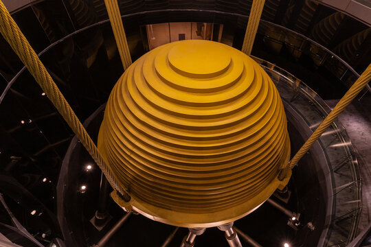 Taipei, Taiwan 10-20-2024 steel pendulum that serves as a tuned mass damper inside the Taipei 101. It is visible to all visitors on the 88th through 92nd floors and It can reduce up to 40% of movement