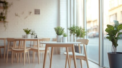 A restaurant with a table and chairs, and potted plants on the table