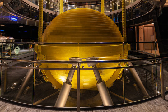 Taipei, Taiwan 10-20-2024 steel pendulum that serves as a tuned mass damper inside the Taipei 101. It is visible to all visitors on the 88th through 92nd floors and It can reduce up to 40% of movement