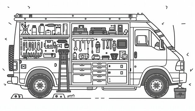 A mobile workshop van equipped with various tools and storage compartments ideal for on-site repairs or a handyman business.