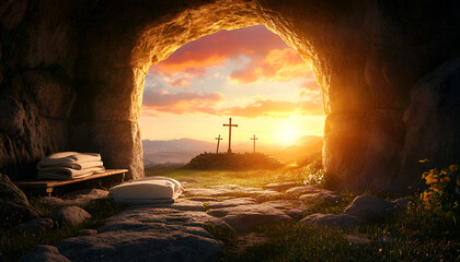 Obraz premium Tomb Empty With Shroud And Crucifixion At Sunrise - Resurrection Of Jesus Christ