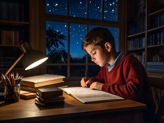 a boy is studying at his study table in his room at night