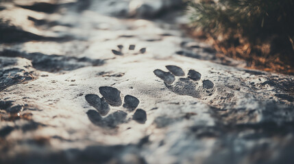 Close-up of ancient dinosaur footprints embedded in rocky terrain, surrounded by sparse vegetation,...