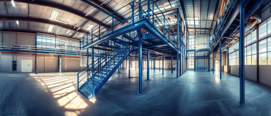 Fototapeta premium Interior view of a blue metal framed recycling plant featuring an industrial staircase and vibrant light patterns