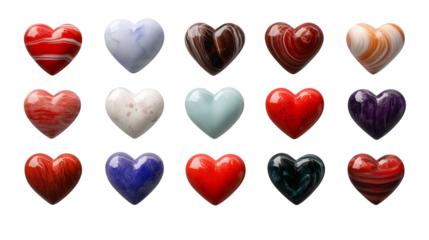 Set of stone hearts with abstract watercolor designs isolated on transparent background, Valentines day love romantic decoration