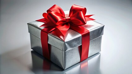 Obraz premium Elegant Silver Gift Box with Red Bow on White Background - Night Photography