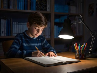 a boy is studying at his study table in his room at night