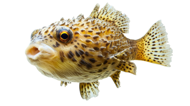 Pufferfish with Open Mouth: A close-up view of a pufferfish with its mouth open, revealing its sharp teeth. The fish is brown and white with a spotted pattern.