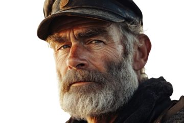 Portrait of an experienced sailor with a weathered face and stern expression during sunset at the coast