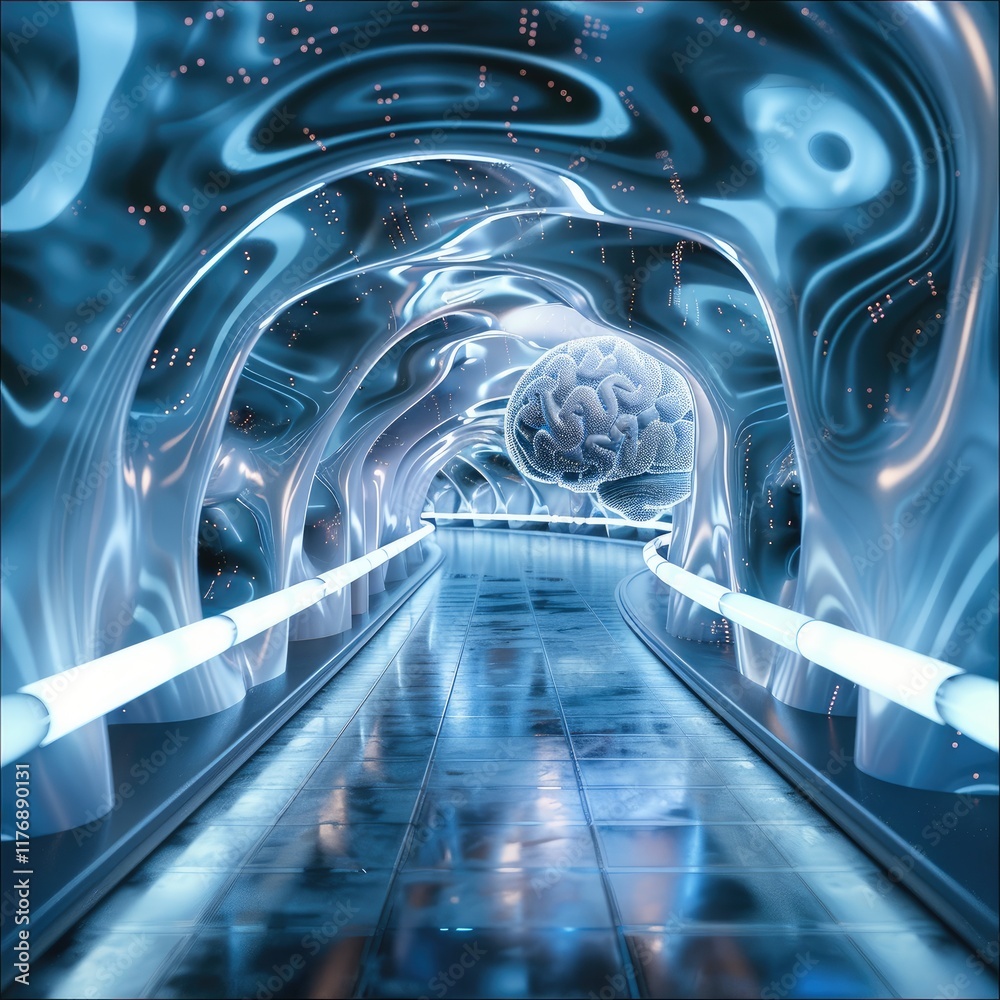 Poster Abstract image of AI brain in technology tunnel.