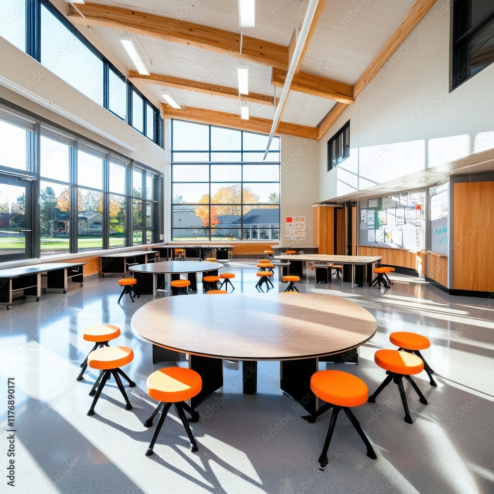 Poster innovative classroom design for socratic method learning in modern educational spaces bright and ope
