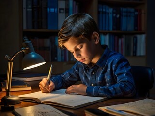 a boy is studying at his study table in his room at night