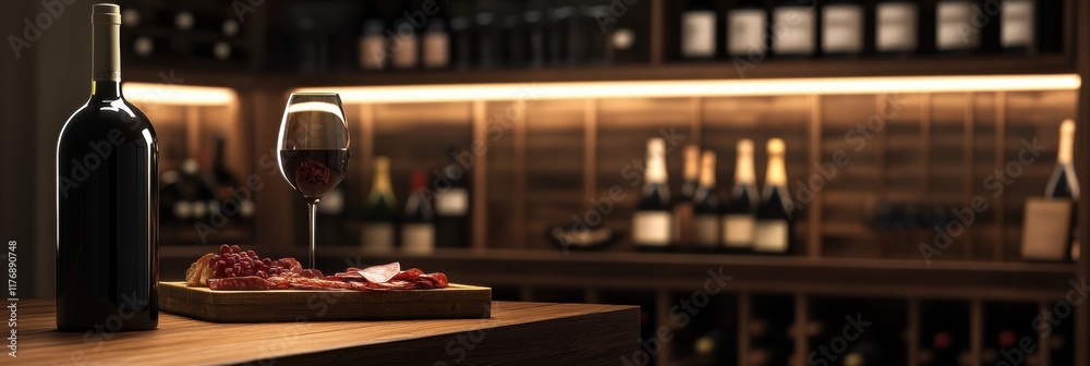 Poster elegant wine cellar with vintage bottles and tasting table featuring red wine and charcuterie board.
