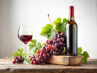 Obraz premium Elegant Wine Set: Bottle, Grapes & Copy Space on White Background