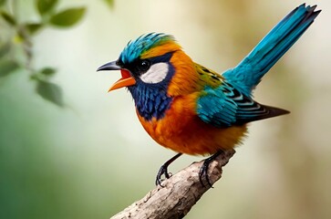 Fototapeta premium Vibrant blue and yellow-white bird perches gracefully on a branch, showcasing its stunning plumage against a backdrop of lush greenery.