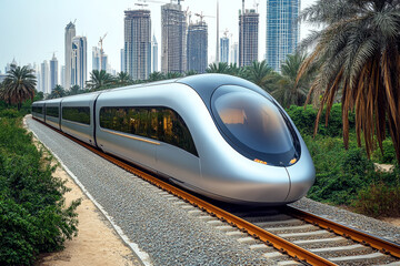 Naklejka premium Futuristic high-speed train traveling through urban greenery with modern skyline.
