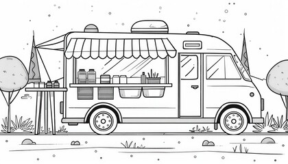 A charming coloring page featuring a food truck parked in a serene outdoor setting. Perfect for kids and adults who love food, trucks, or nature-themed coloring activities.