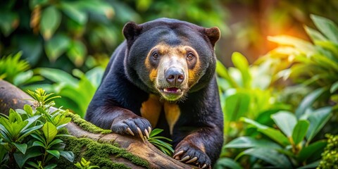 Endangered Malayan Sun Bear in Rainforest Habitat, Wildlife Conservation