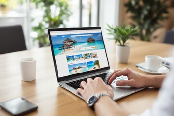 A person browsing a laptop displaying a travel booking website with tropical vacation images, surrounded by a wooden desk, coffee cup, and plants. Ai generative
