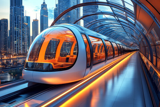 Futuristic hyperloop-style train in illuminated urban station with city skyline.