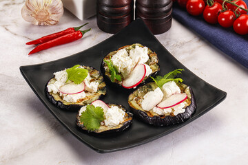 Grilled eggplant with cheese and radish