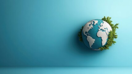 This image showcases a 3D globe of the Earth with lush foliage accents against a soft blue backdrop, highlighting environmental themes and natural beauty elements.