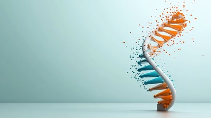 This abstract image features a stylized DNA helix in orange and blue hues with dynamic particles, symbolizing life, science, and genetic complexity in a modern artistic flair.