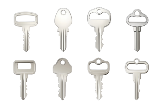Collection of silver keys arranged in a grid pattern on a white background showcasing various shapes and sizes