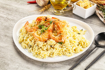 Italian pasta Orzo with prawn