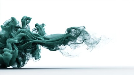 Ethereal green swirling ink clouds in motion, captured in a fluid dance, creating a mesmerizing and elegant depiction of dynamic abstract art on white background.