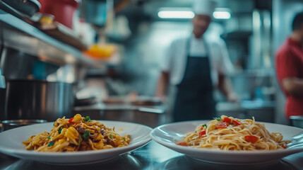 Fototapeta premium Delicious pasta dishes prepared in a busy restaurant kitchen during dinner service