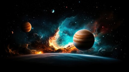 An awe-inspiring scene of multiple planets and glowing nebulae in deep space, illustrating the universe's grandeur and the endless possibility of cosmic exploration.