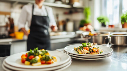 Chef preparing vibrant vegetable dishes in a bright kitchen during lunchtime