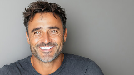 Fototapeta premium Smiling man with short hair and beard, wearing casual shirt