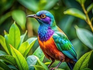 Obraz premium Iridescent Bird in Lush Foliage - Candid Wildlife Photography, Stunning Feathers, Green Leaves, Bird Photos