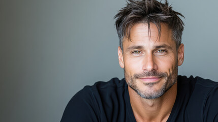 Obraz premium Confident man with charming smile and stylish hair against neutral background