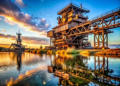 Ferropolis Industrial Monument on Gremminer See Peninsula, Germany - High Resolution Stock Photo